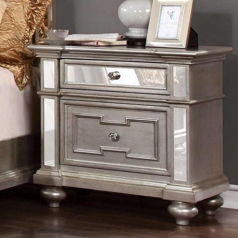 Glam 1pc Nightstand Silver Solid Wood Mirror Panel Accents Bedroom Furniture Crystal-like Acrylic Drawer Pulls Bun Feet Bedside Table - Supfirm