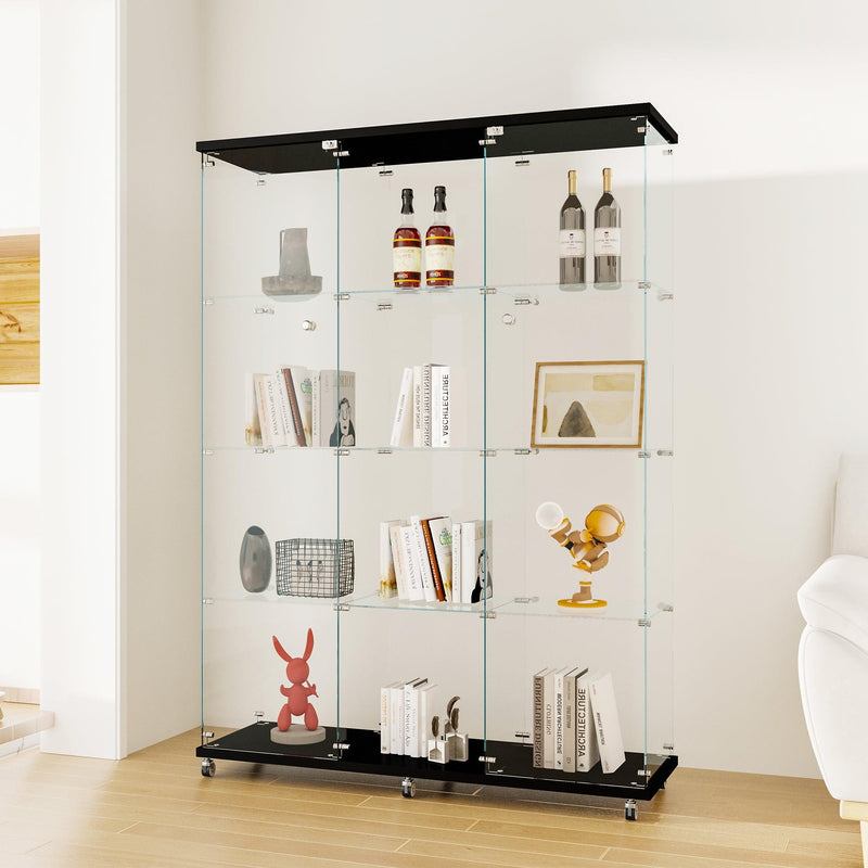 Glass Display Cabinet with 4 Shelves Extra Large, Curio Cabinets for Living Room, Bedroom, Office, Black Floor Standing Glass Bookshelf, Quick Installation - Supfirm