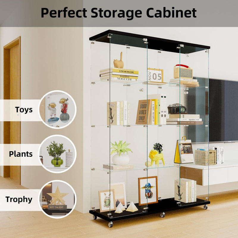 Glass Display Cabinet with 4 Shelves Extra Large, Curio Cabinets for Living Room, Bedroom, Office, Black Floor Standing Glass Bookshelf, Quick Installation - Supfirm