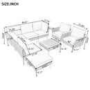 GO 9-Piece Patio Rattan Furniture Set, Outdoor Conversation Set With Acacia Wood Legs and Tabletop, PE Rattan Sectional Sofa Set with Coffee Table, Washable Cushion, Gray - Supfirm