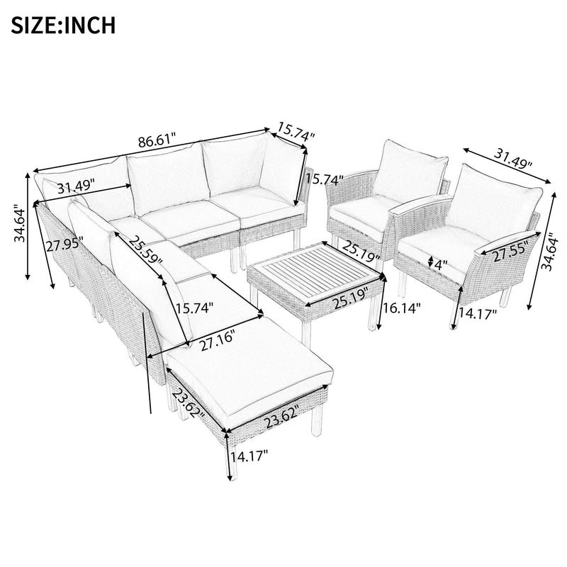 GO 9-Piece Patio Rattan Furniture Set, Outdoor Conversation Set With Acacia Wood Legs and Tabletop, PE Rattan Sectional Sofa Set with Coffee Table, Washable Cushion, Gray - Supfirm