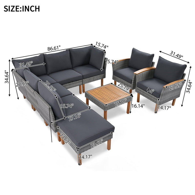 GO 9-Piece Patio Rattan Furniture Set, Outdoor Conversation Set With Acacia Wood Legs and Tabletop, PE Rattan Sectional Sofa Set with Coffee Table, Washable Cushion, Gray - Supfirm
