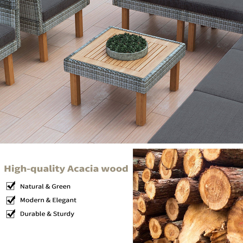 GO 9-Piece Patio Rattan Furniture Set, Outdoor Conversation Set With Acacia Wood Legs and Tabletop, PE Rattan Sectional Sofa Set with Coffee Table, Washable Cushion, Gray - Supfirm