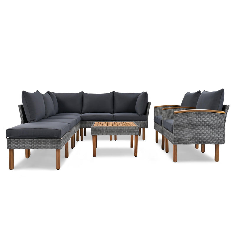 GO 9-Piece Patio Rattan Furniture Set, Outdoor Conversation Set With Acacia Wood Legs and Tabletop, PE Rattan Sectional Sofa Set with Coffee Table, Washable Cushion, Gray - Supfirm