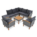 GO 9-Piece Patio Rattan Furniture Set, Outdoor Conversation Set With Acacia Wood Legs and Tabletop, PE Rattan Sectional Sofa Set with Coffee Table, Washable Cushion, Gray - Supfirm