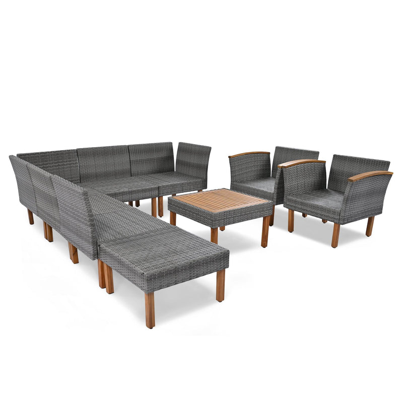 GO 9-Piece Patio Rattan Furniture Set, Outdoor Conversation Set With Acacia Wood Legs and Tabletop, PE Rattan Sectional Sofa Set with Coffee Table, Washable Cushion, Gray - Supfirm