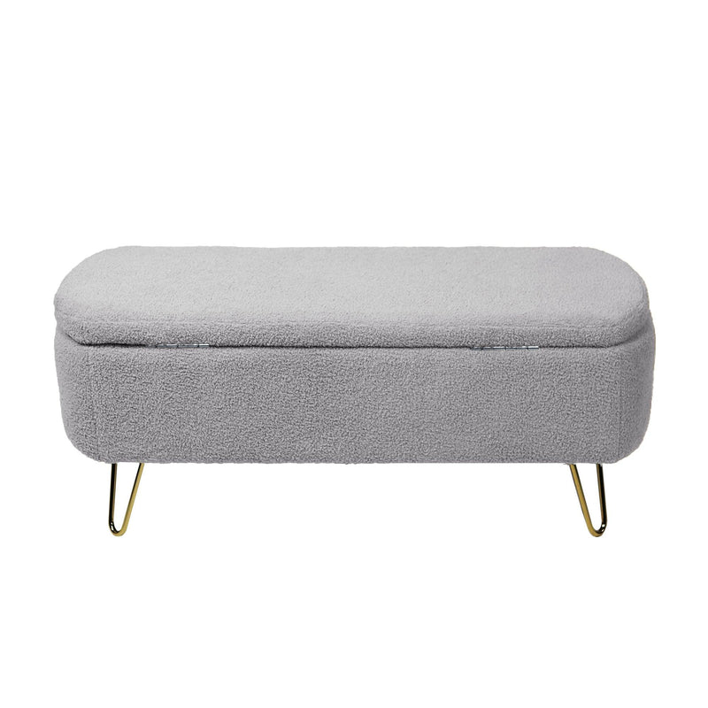 Grey Storage Ottoman Bench for End of Bed Gold Legs, Modern Grey Faux Fur Entryway Bench Upholstered Padded with Storage for Living Room Bedroom - Supfirm