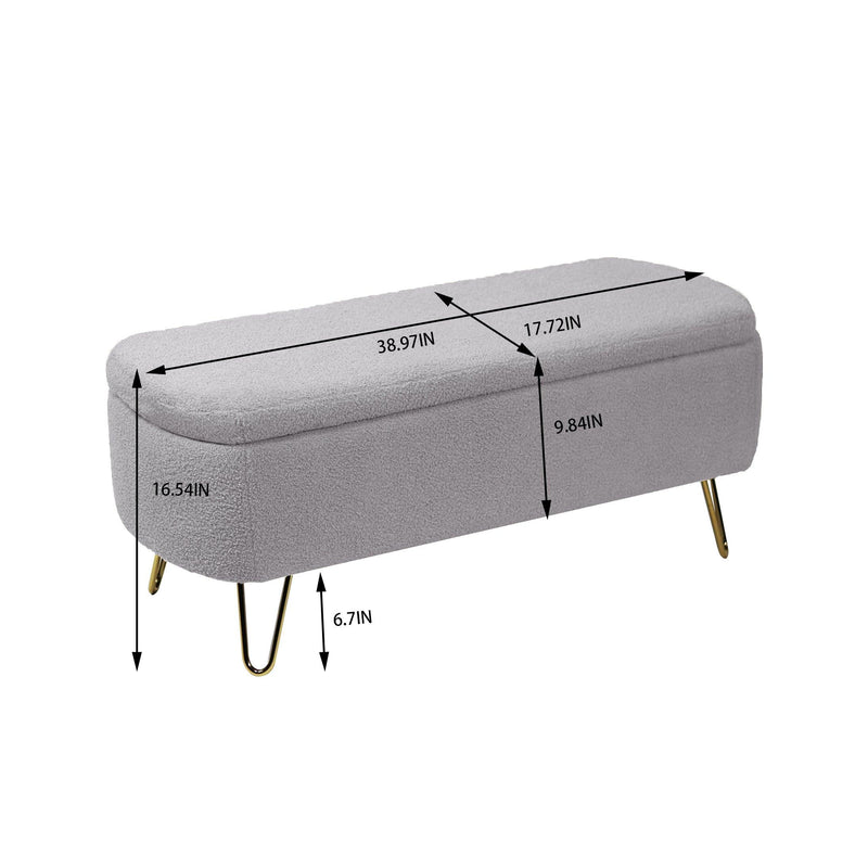 Grey Storage Ottoman Bench for End of Bed Gold Legs, Modern Grey Faux Fur Entryway Bench Upholstered Padded with Storage for Living Room Bedroom - Supfirm