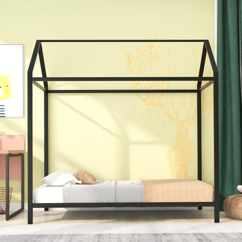 House Bed Frame Twin Size , Kids Bed Frame Metal Platform Bed Floor Bed for Kids Boys Girls No Box Spring Needed Black - Supfirm