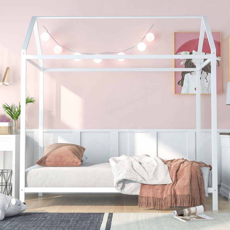 House Bed Frame Twin Size , Kids Bed Frame Metal Platform Bed Floor Bed for Kids Boys Girls No Box Spring Needed White - Supfirm