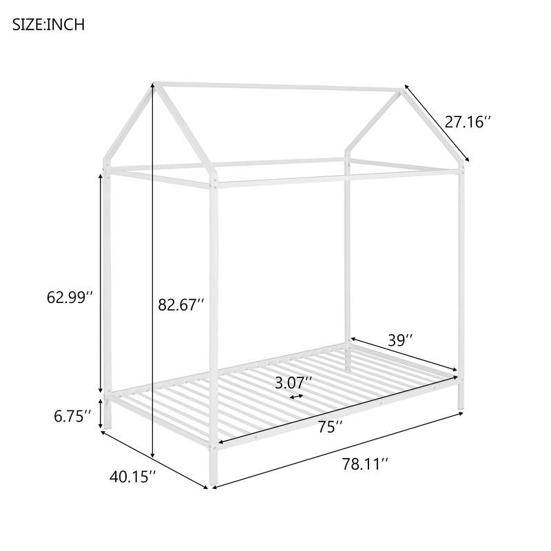 House Bed Frame Twin Size , Kids Bed Frame Metal Platform Bed Floor Bed for Kids Boys Girls No Box Spring Needed White - Supfirm