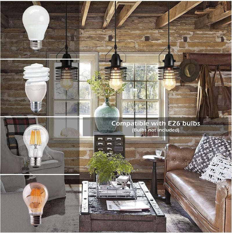 Industrial Black Pendant Light Metal Cage Pendant Lights Dining Room Hanging Lighting for Kitchen Island Living Room Bedroom Entryway Barn Farmhouse,Spring Shade E26 Bulb（1 Light） - Supfirm