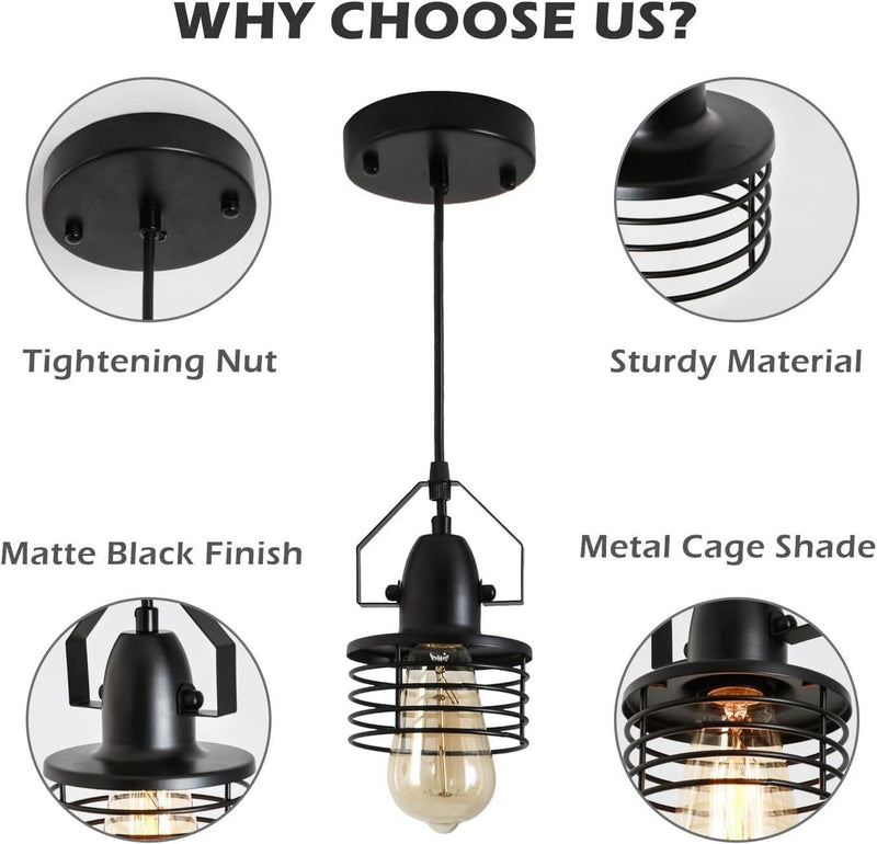 Industrial Black Pendant Light Metal Cage Pendant Lights Dining Room Hanging Lighting for Kitchen Island Living Room Bedroom Entryway Barn Farmhouse,Spring Shade E26 Bulb（1 Light） - Supfirm