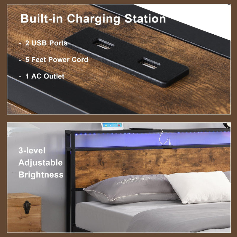 Industrial Full Bed Frame with LED Lights and 2 USB Ports, Bed Frame Full Size with Storage, Noise Free, No Box Spring Needed, Rustic Brown - Supfirm