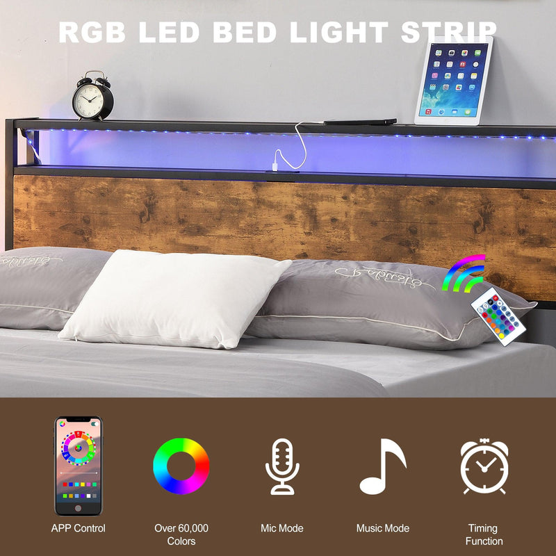 Industrial Full Bed Frame with LED Lights and 2 USB Ports, Bed Frame Full Size with Storage, Noise Free, No Box Spring Needed, Rustic Brown - Supfirm