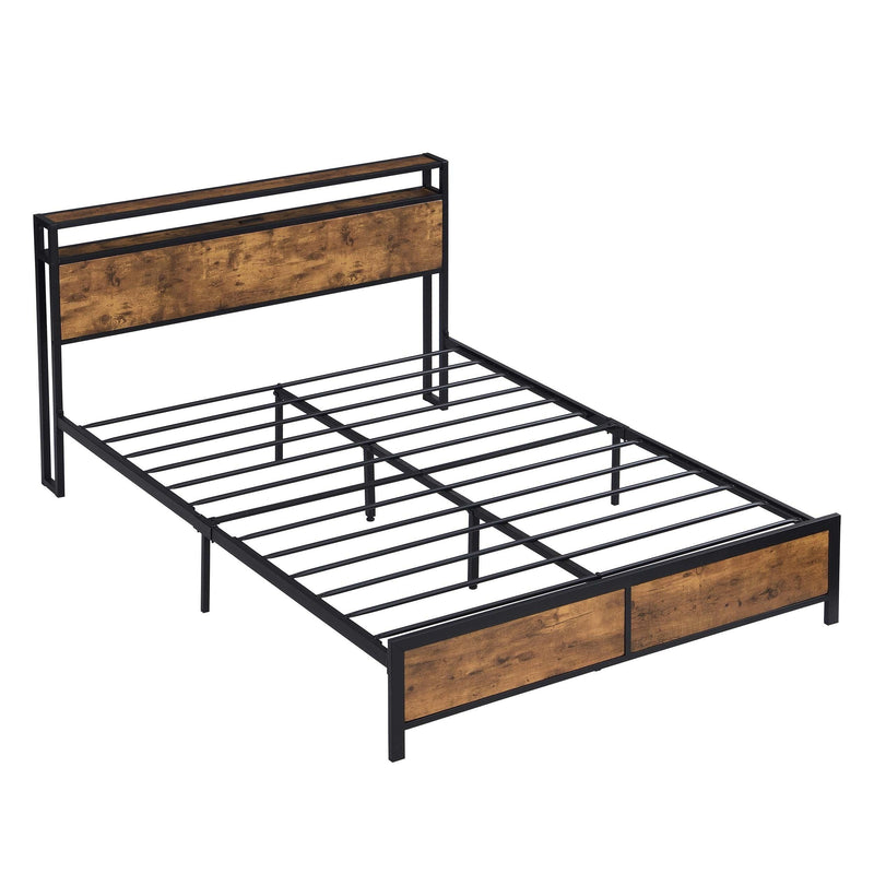 Industrial Full Bed Frame with LED Lights and 2 USB Ports, Bed Frame Full Size with Storage, Noise Free, No Box Spring Needed, Rustic Brown - Supfirm