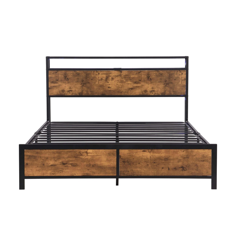 Industrial Full Bed Frame with LED Lights and 2 USB Ports, Bed Frame Full Size with Storage, Noise Free, No Box Spring Needed, Rustic Brown - Supfirm