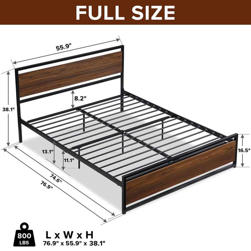 Industrial Platform Full Bed Frame/Mattress Foundation with Rustic Headboard and Footboard, Strong Steel Slat Support, No Box Spring Needed, Noise Free, Easy Assembly - Supfirm