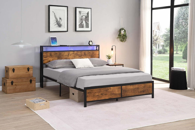 Industrial Queen Bed Frame with LED Lights and 2 USB Ports, Bed Frame Queen Size with Storage, Noise Free, No Box Spring Needed, Rustic Brown - Supfirm