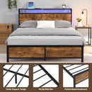 Industrial Queen Bed Frame with LED Lights and 2 USB Ports, Bed Frame Queen Size with Storage, Noise Free, No Box Spring Needed, Rustic Brown - Supfirm