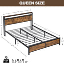 Industrial Queen Bed Frame with LED Lights and 2 USB Ports, Bed Frame Queen Size with Storage, Noise Free, No Box Spring Needed, Rustic Brown - Supfirm