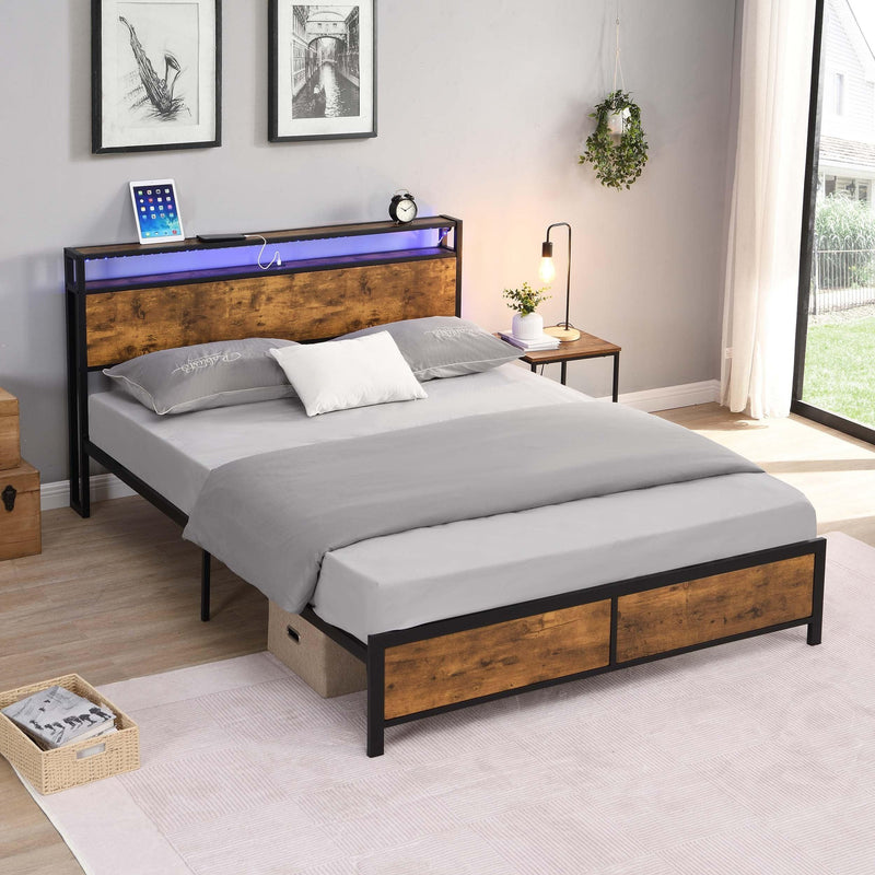 Industrial Queen Bed Frame with LED Lights and 2 USB Ports, Bed Frame Queen Size with Storage, Noise Free, No Box Spring Needed, Rustic Brown - Supfirm