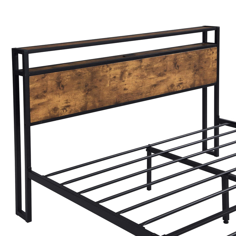 Industrial Queen Bed Frame with LED Lights and 2 USB Ports, Bed Frame Queen Size with Storage, Noise Free, No Box Spring Needed, Rustic Brown - Supfirm