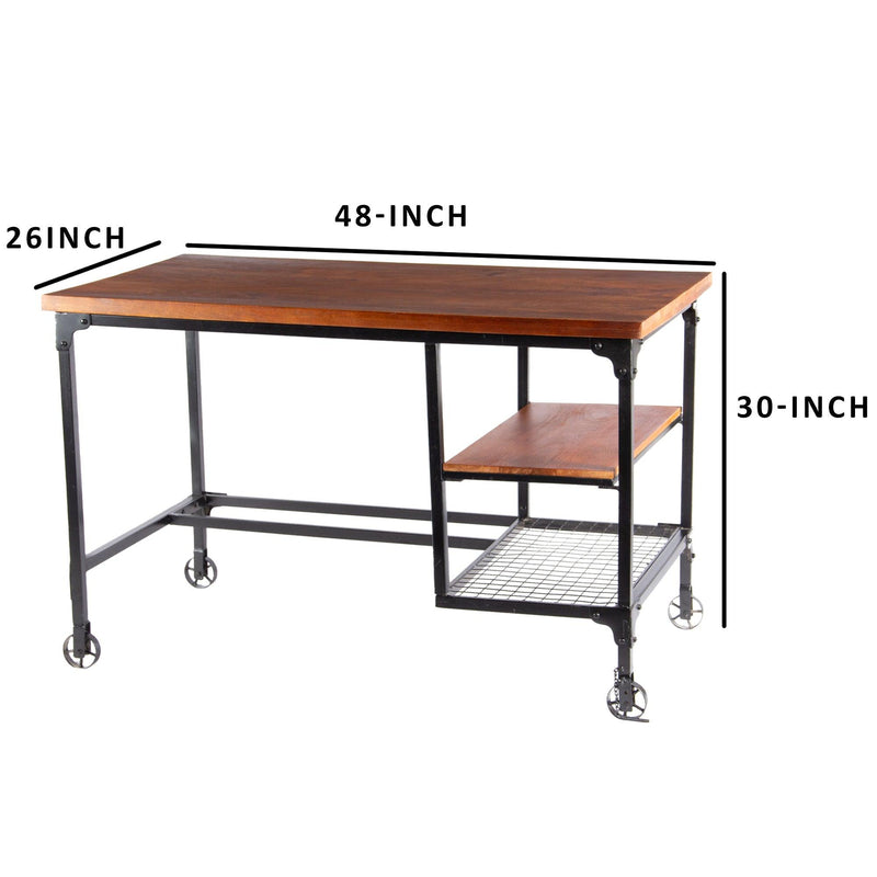 Industrial Style Wood and Metal Desk with Two Bottom Shelves, Brown and Black - Supfirm