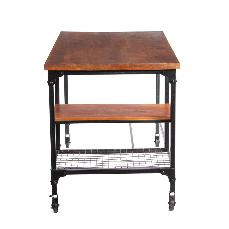 Industrial Style Wood and Metal Desk with Two Bottom Shelves, Brown and Black - Supfirm