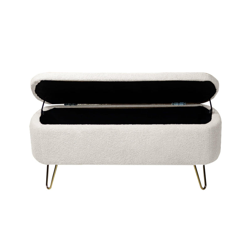 Ivory White Storage Ottoman Bench for End of Bed Gold Legs, Modern Ivory White Faux Fur Entryway Bench Upholstered Padded with Storage for Living Room Bedroom - Supfirm