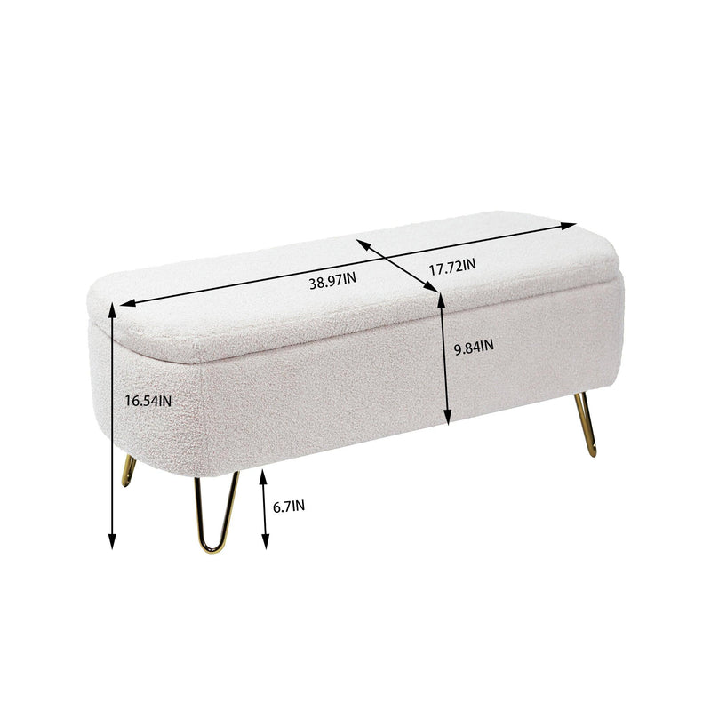 Ivory White Storage Ottoman Bench for End of Bed Gold Legs, Modern Ivory White Faux Fur Entryway Bench Upholstered Padded with Storage for Living Room Bedroom - Supfirm