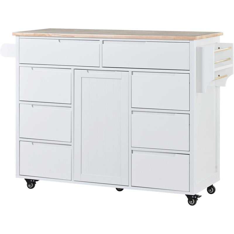 K&K Store Kitchen Cart with Rubber Wood Countertop , Kitchen Island has 8 Handle-Free Drawers Including a Flatware Organizer and 5 Wheels for Kitchen Dinning Room, White - Supfirm