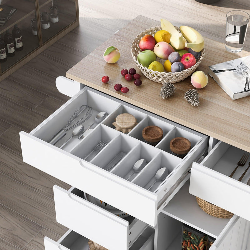 K&K Store Kitchen Cart with Rubber Wood Countertop , Kitchen Island has 8 Handle-Free Drawers Including a Flatware Organizer and 5 Wheels for Kitchen Dinning Room, White - Supfirm