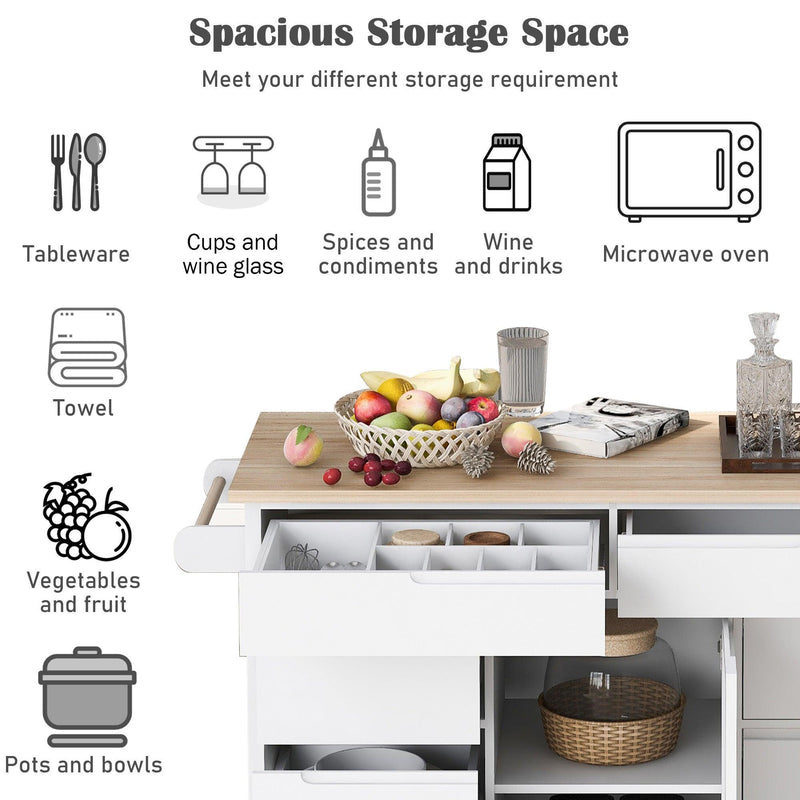 K&K Store Kitchen Cart with Rubber Wood Countertop , Kitchen Island has 8 Handle-Free Drawers Including a Flatware Organizer and 5 Wheels for Kitchen Dinning Room, White - Supfirm