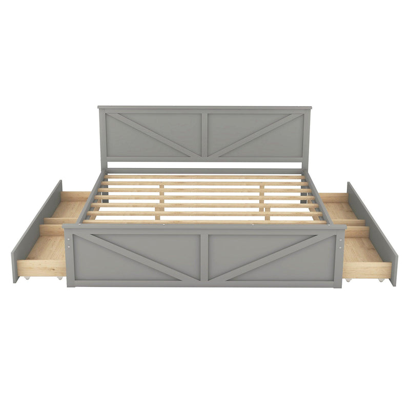 King Size Wooden Platform Bed with Four Storage Drawers and Support Legs, Gray - Supfirm