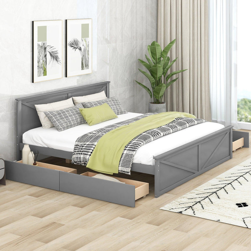 King Size Wooden Platform Bed with Four Storage Drawers and Support Legs, Gray - Supfirm