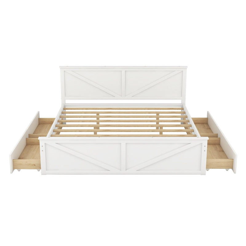 King Size Wooden Platform Bed with Four Storage Drawers and Support Legs, White - Supfirm