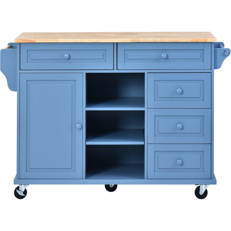 Kitchen cart with Rubber wood desktop rolling mobile kitchen island with storage and 5 draws 53 Inch length (Blue) - Supfirm