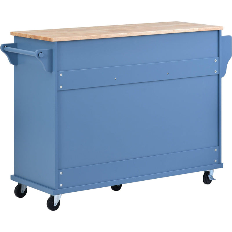 Kitchen cart with Rubber wood desktop rolling mobile kitchen island with storage and 5 draws 53 Inch length (Blue) - Supfirm