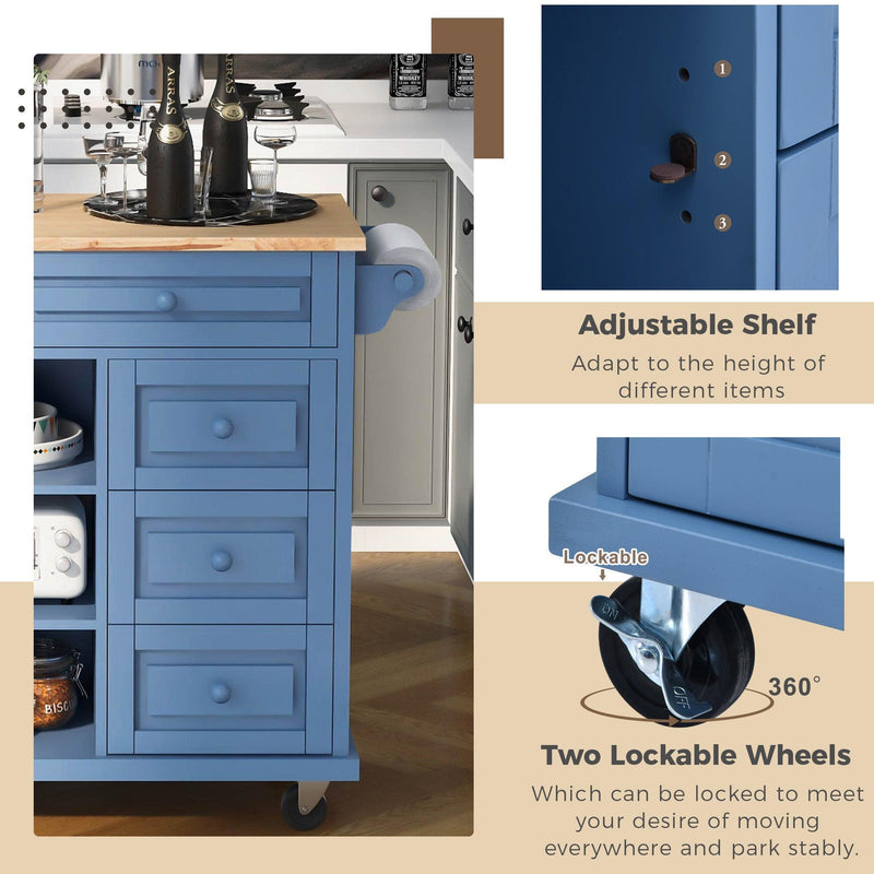 Kitchen cart with Rubber wood desktop rolling mobile kitchen island with storage and 5 draws 53 Inch length (Blue) - Supfirm