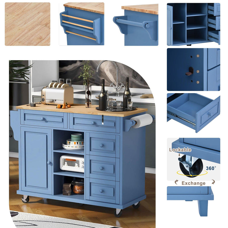 Kitchen cart with Rubber wood desktop rolling mobile kitchen island with storage and 5 draws 53 Inch length (Blue) - Supfirm