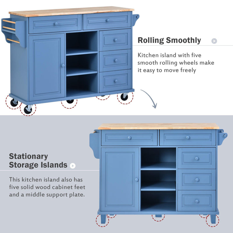 Kitchen cart with Rubber wood desktop rolling mobile kitchen island with storage and 5 draws 53 Inch length (Blue) - Supfirm