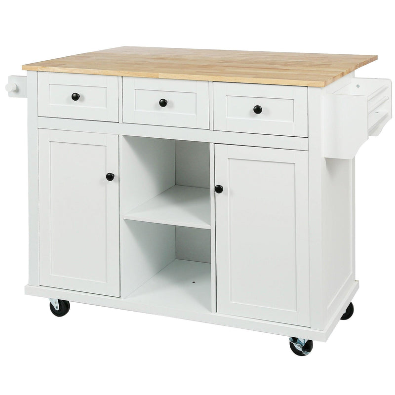 Kitchen Cart with Rubber wood Drop-Leaf Countertop ,Cabinet door internal storage racks,Kitchen Island on 5 Wheels with Storage Cabinet and 3 Drawers for Dinning Room,White - Supfirm