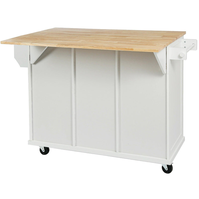 Kitchen Cart with Rubber wood Drop-Leaf Countertop ,Cabinet door internal storage racks,Kitchen Island on 5 Wheels with Storage Cabinet and 3 Drawers for Dinning Room,White - Supfirm