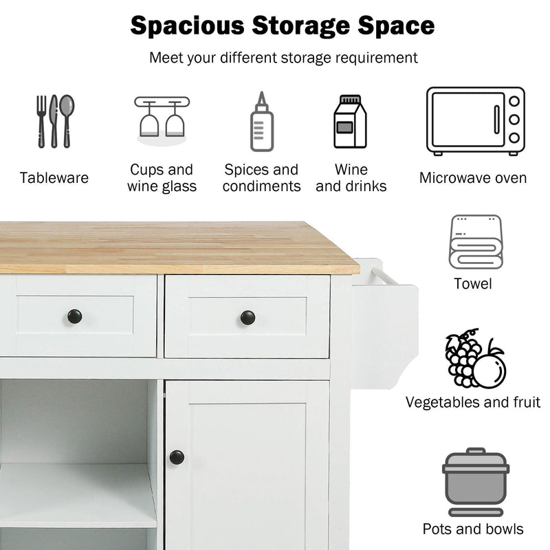 Kitchen Cart with Rubber wood Drop-Leaf Countertop ,Cabinet door internal storage racks,Kitchen Island on 5 Wheels with Storage Cabinet and 3 Drawers for Dinning Room,White - Supfirm