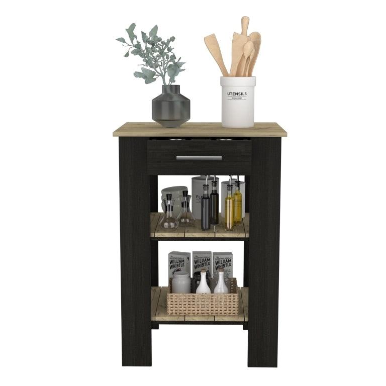 Kitchen Island 23 Inches Dozza with Single Drawer and Two-Tier Shelves, Black Wengue / Light Oak Finish - Supfirm