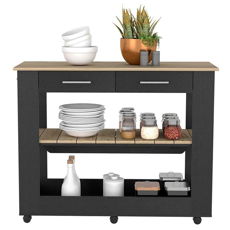 Kitchen Island 46 Inches Dozza, Two Drawers, Black Wengue / Light Oak Finish - Supfirm