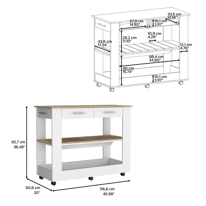 Kitchen Island 46 Inches Dozza, Two Drawers, White / Light Oak Finish - Supfirm