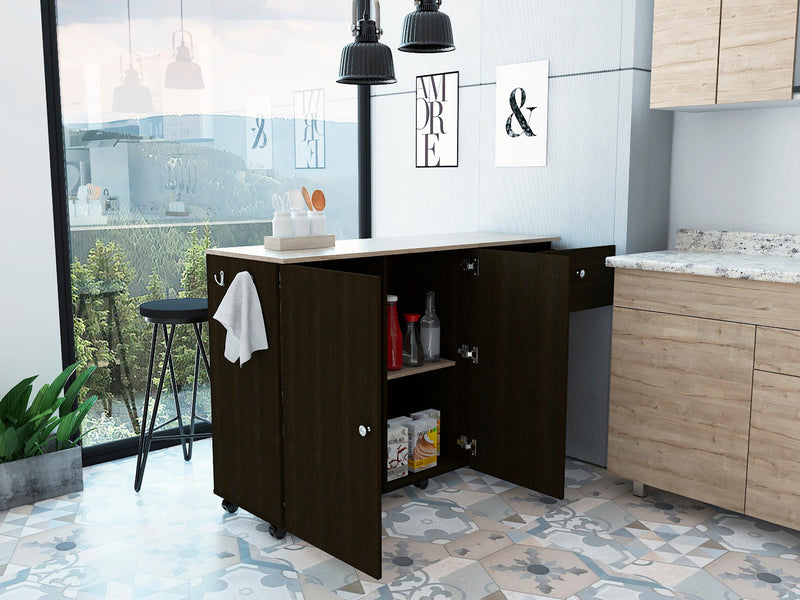 Kitchen Island Cart Victoria, Four Interior Shelves, Six Carters, One Drawer, Double Door Cabinet -Black - Supfirm