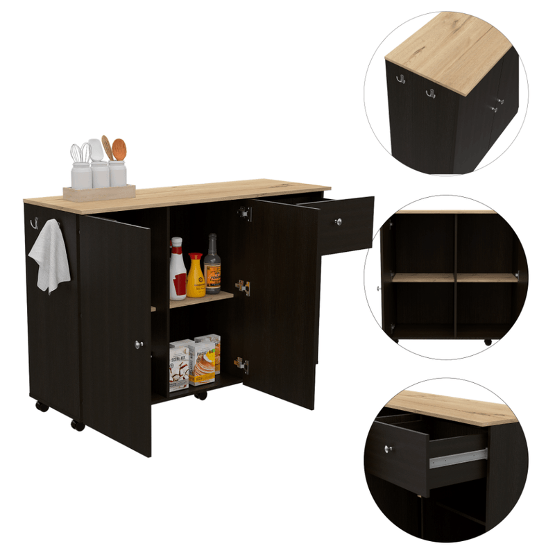 Kitchen Island Cart Victoria, Four Interior Shelves, Six Carters, One Drawer, Double Door Cabinet -Black - Supfirm